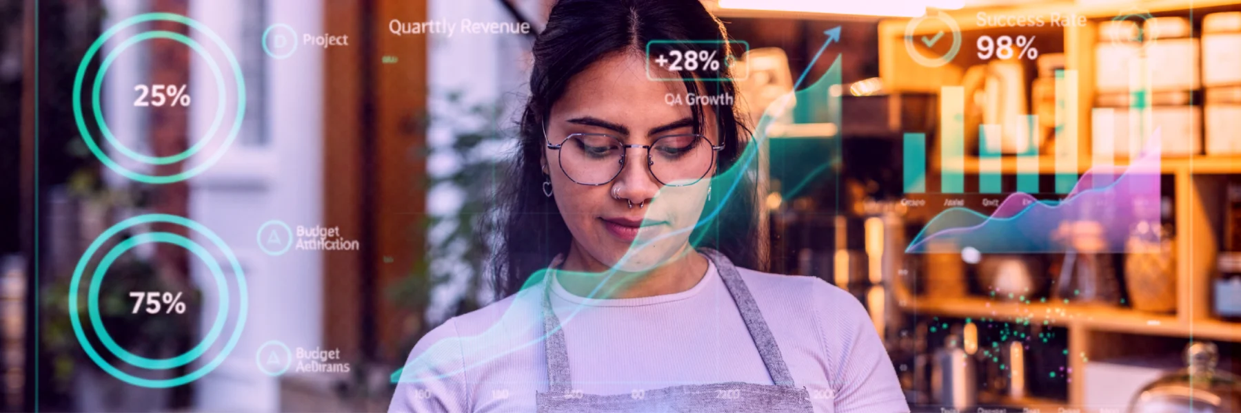 A woman wearing glasses and an apron looks down, overlaid with digital charts and data visualizations including percentages and growth metrics.