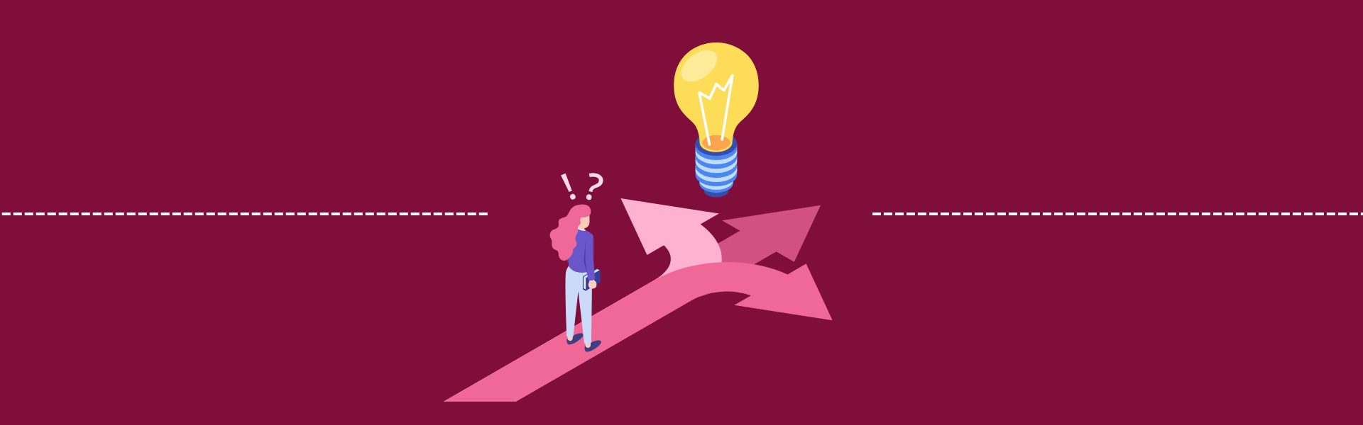 A person stands at a fork in the road looking at a large light bulb above, symbolizing a decision-making moment.