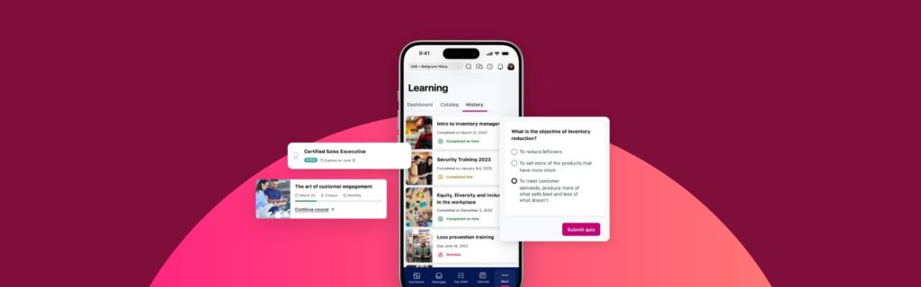 A smartphone displays a learning app interface with course listings. Two smaller windows show quiz questions and course details. The background is a gradient of pink and orange.