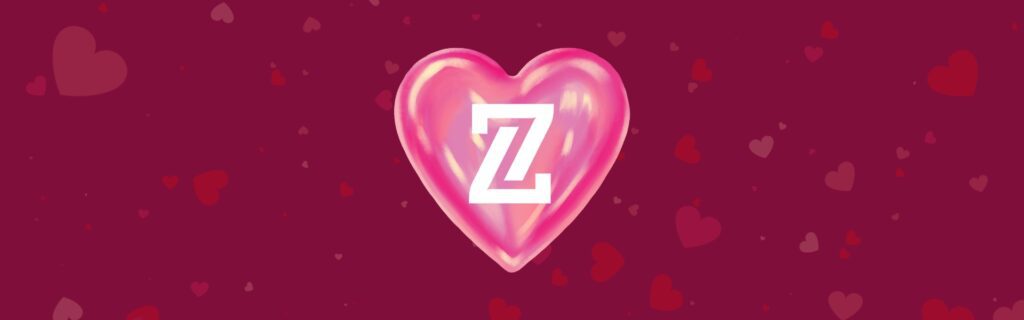 Pink heart with a white "Z" in the center on a red background with smaller, lighter hearts scattered throughout.