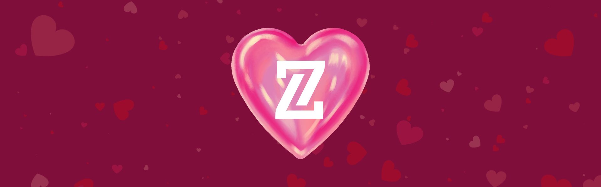 Pink heart with a white "Z" in the center on a red background with smaller, lighter hearts scattered throughout.