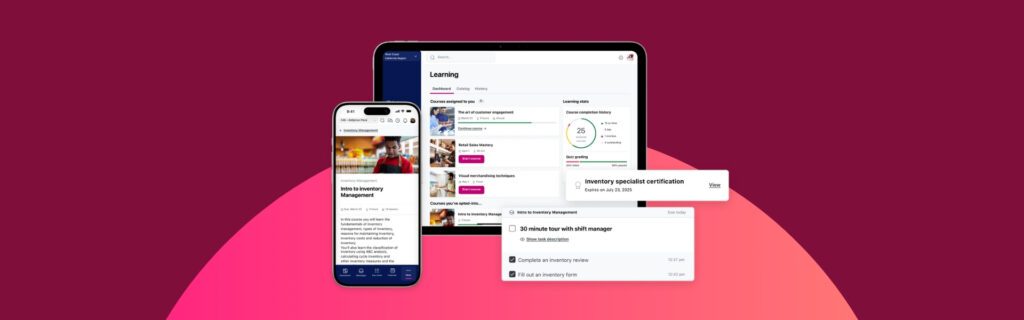 Smartphone and tablet displaying educational and inventory management content on a pink gradient background.
