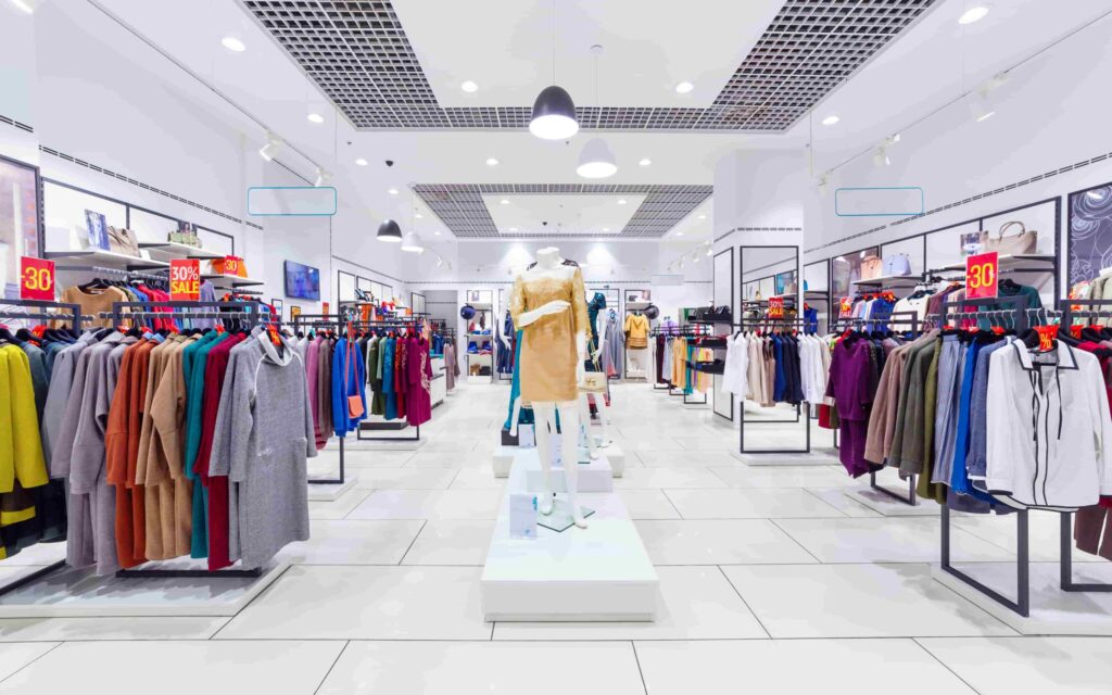 Clothing store interior with racks of assorted clothes, mannequins dressed in outfits, and red sale signs indicating a 30% discount. Bright lighting and white tiled floor.