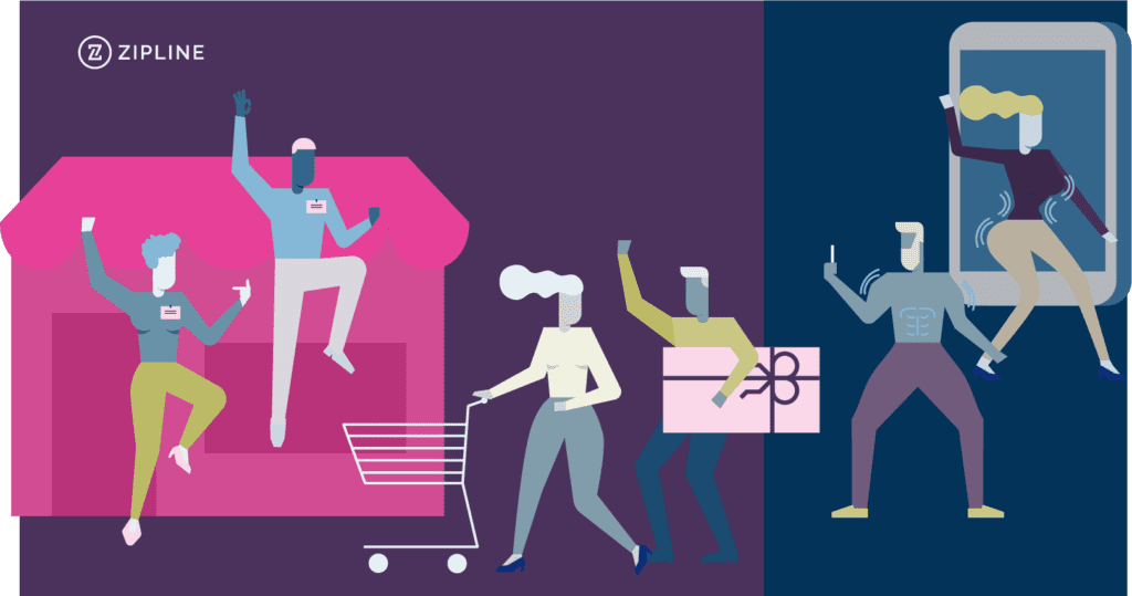 Illustration of four stylized people shopping and celebrating, two with raised arms and two holding a gift and a shopping cart. One person interacts with a mobile phone icon.