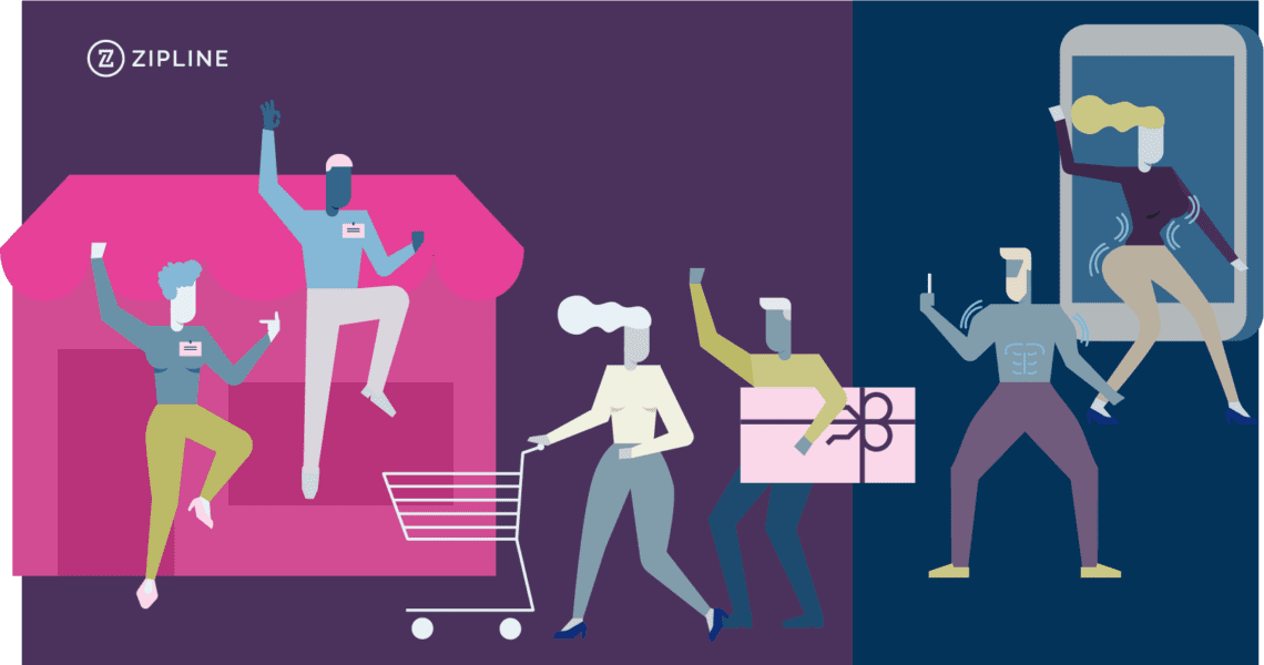 Illustration of four stylized people shopping and celebrating, two with raised arms and two holding a gift and a shopping cart. One person interacts with a mobile phone icon.