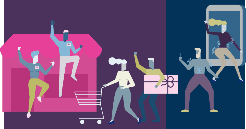 Abstract illustration of people shopping, dancing, and interacting with a smartphone. One person pushes a cart, another holds a gift, while others appear to be celebrating.