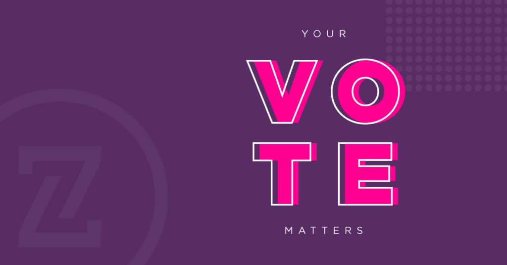 Purple background with bold pink letters spelling "VOTE," accompanied by text: "Your vote matters." Geometric shapes adorn the background.