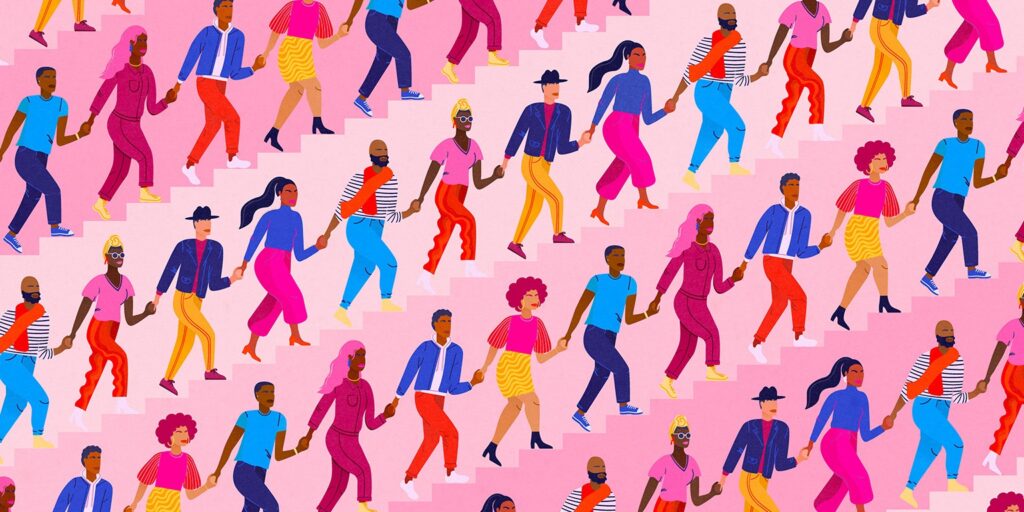 Colorful illustration of diverse couples holding hands while walking on stairs, set against a pink background.