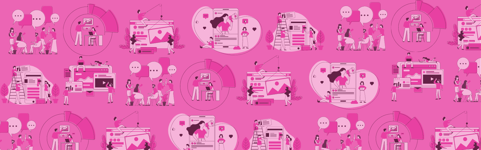 Pattern of illustrated people interacting with digital devices and website elements on a pink background.