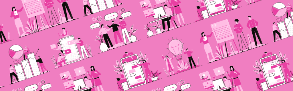 Illustration depicting people interacting with charts, computers, and mobile devices, set against a pink background with various data and communication symbols.