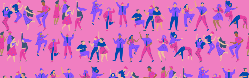 Illustration of diverse people dancing energetically in various poses on a pink background.