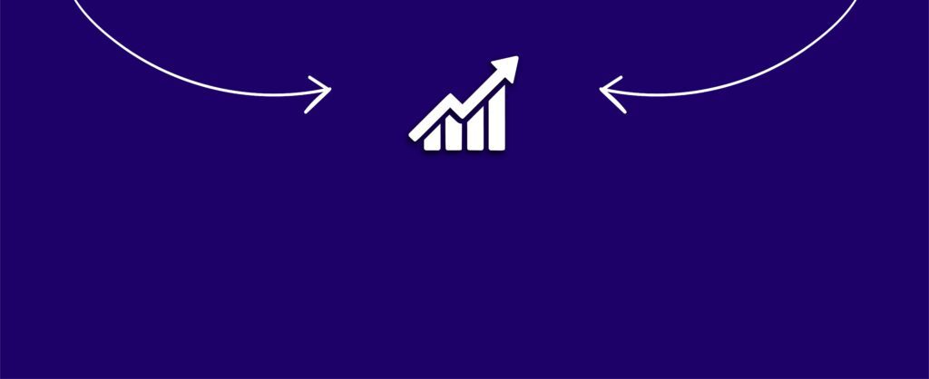 Icon of a rising bar graph with an upward arrow, flanked by two curved arrows pointing inward, on a dark blue background.
