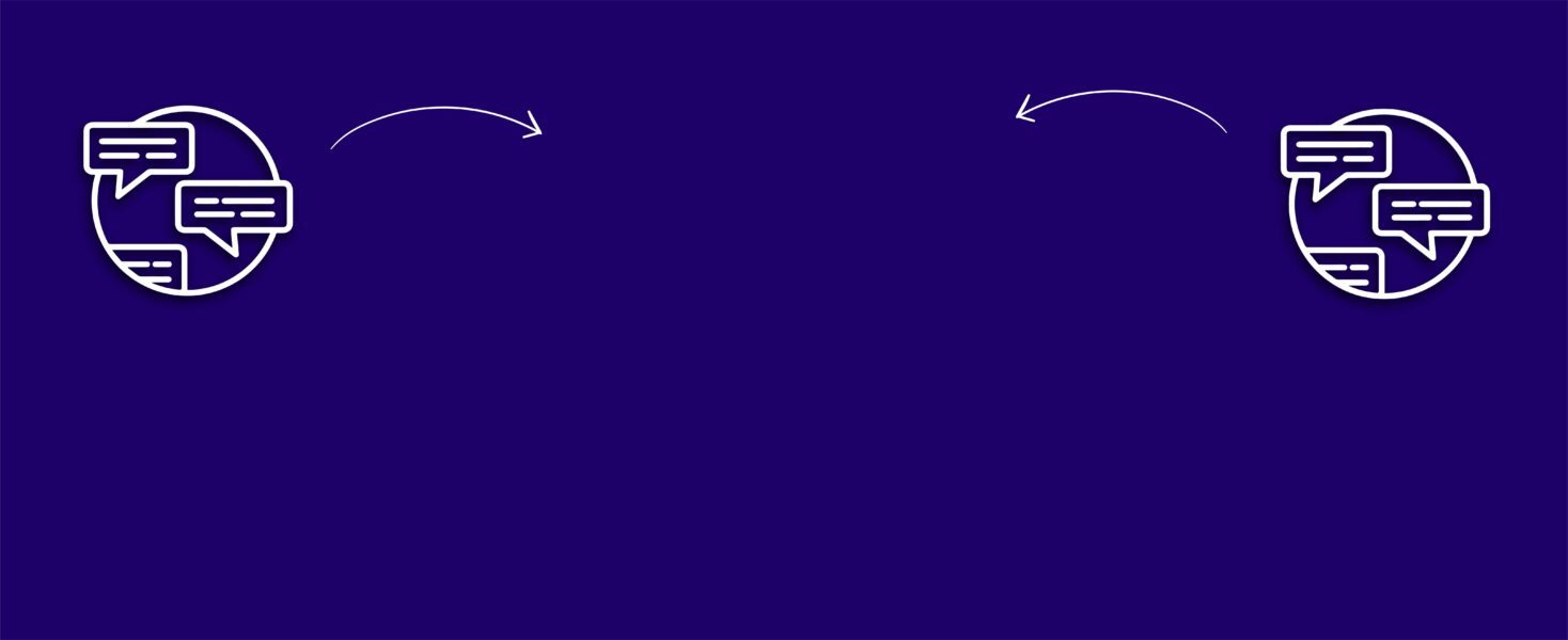 Two speech bubble icons with arrows facing each other on a dark blue background, representing communication flow.