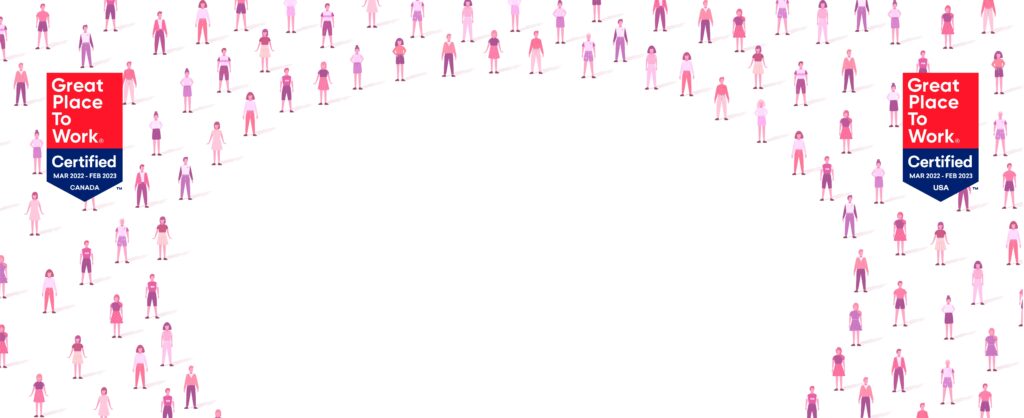Illustration of diverse people in pink and purple clothing surrounding empty space, featuring "Great Place to Work Certified" badges for Canada and the USA.