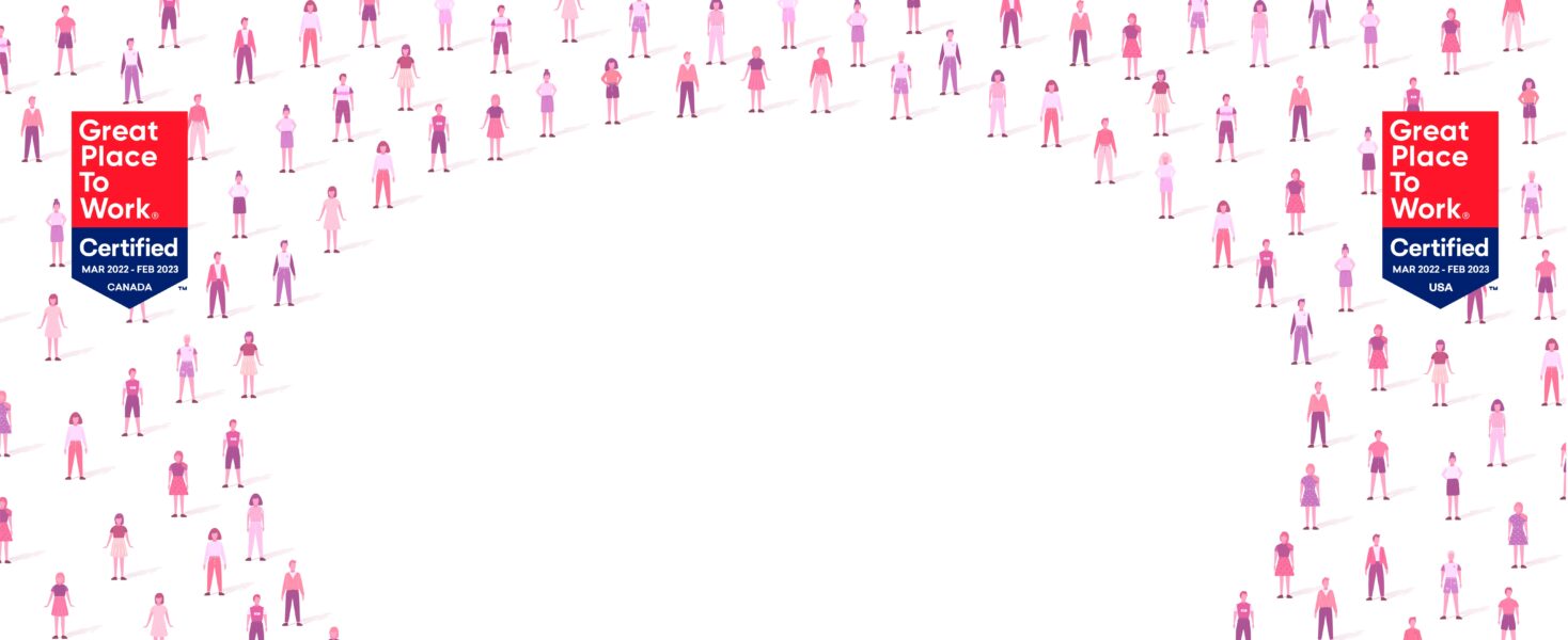 Illustration of diverse people in pink and purple clothing surrounding empty space, featuring "Great Place to Work Certified" badges for Canada and the USA.