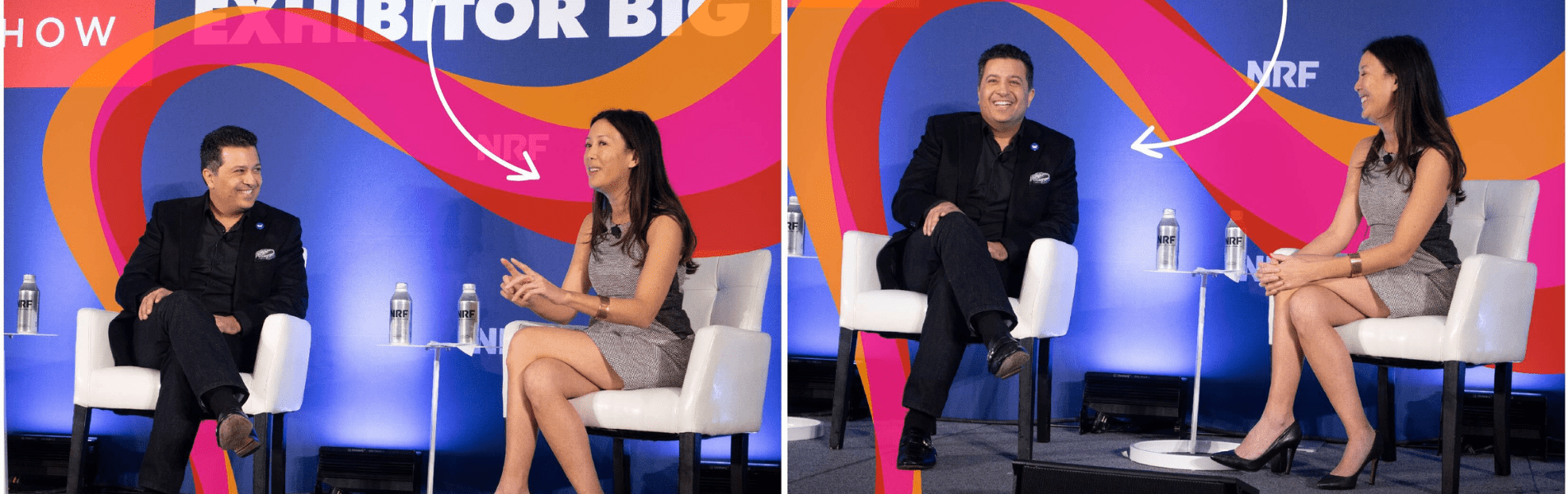 Two people sitting on stage in conversation. The man is on the left and the woman on the right. They are seated on white chairs with bottled water beside them, against a colorful backdrop.