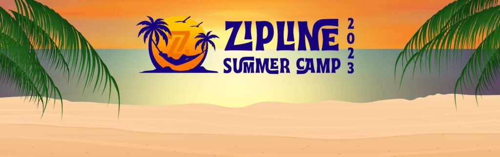 Illustration of a tropical beach at sunset with text "Zipline Summer Camp 2023" in purple, flanked by palm trees.