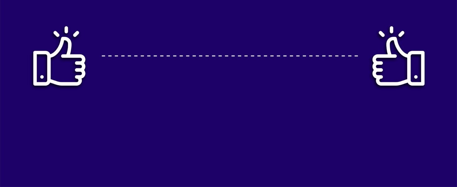 A purple background with two thumbs-up icons located at the corners, connected by a dashed white line across the center.