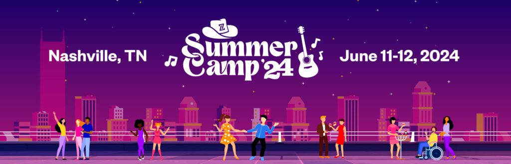 Illustration of people socializing and playing instruments on a rooftop with "Summer Camp '24" text above. Nashville, TN, June 11-12, 2024, skyline in the background.