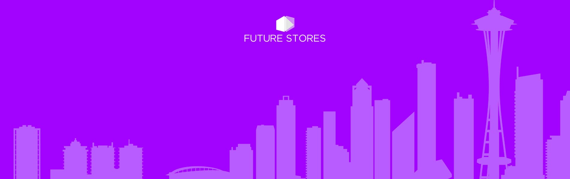 Silhouette of a city skyline on a purple background with "Future Stores" text and logo centered above.