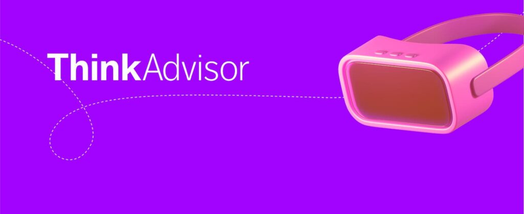 A pink virtual reality headset on a purple background next to the words "Think Advisor".