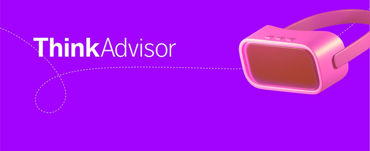 A pink virtual reality headset on a purple background next to the words "Think Advisor".