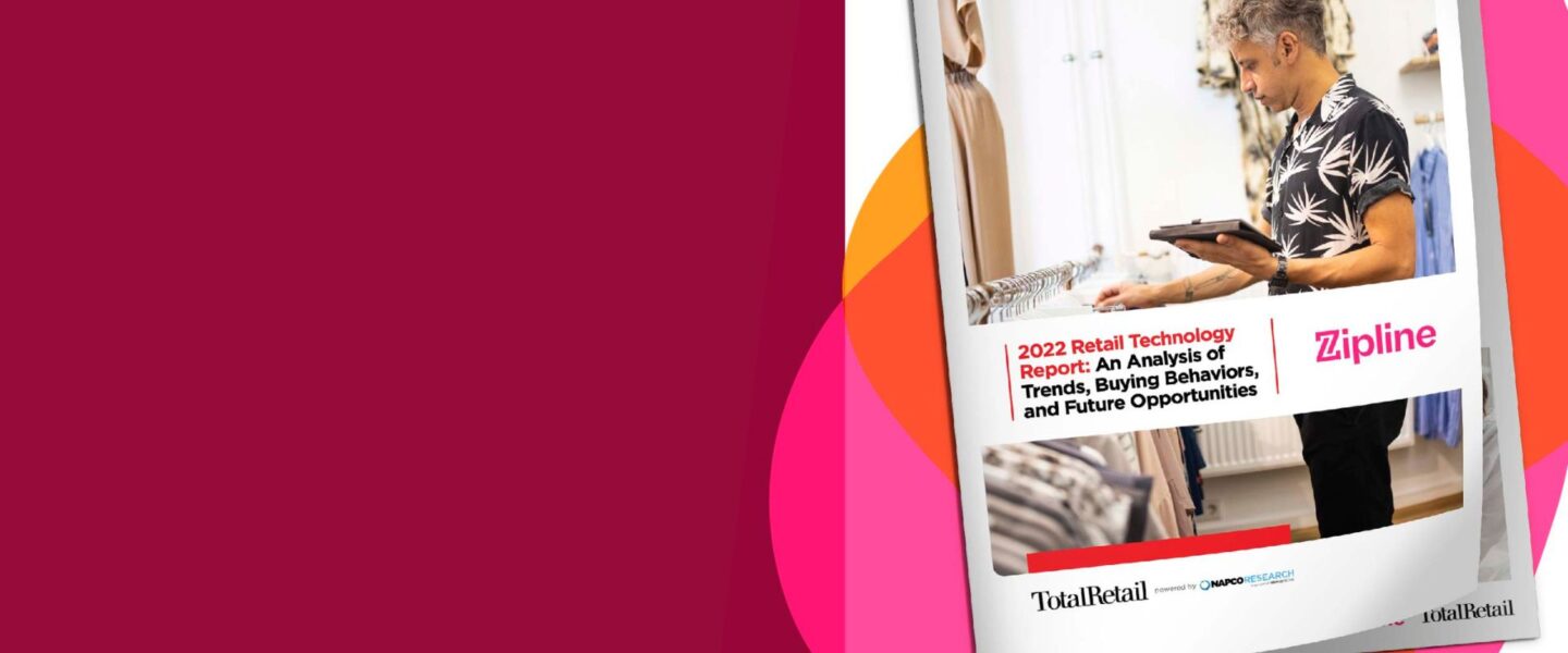 Cover of a report titled "2022 Retail Technology Report: An Analysis of Trends, Buying Behaviors, and Future Opportunities" by Zipline, featuring a person browsing clothing.