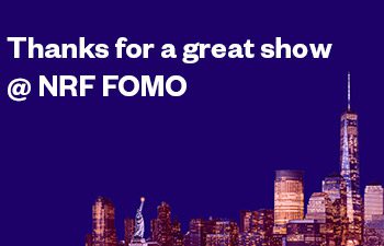 Text reading "Thanks for a great show @ NRF FOMO" with a New York City skyline and Statue of Liberty at the bottom.