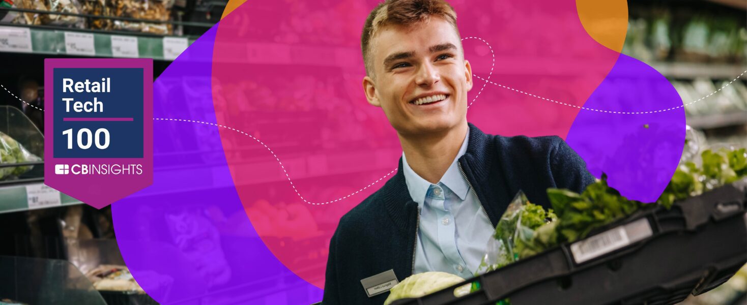 Person smiling while holding a tray of vegetables in a grocery store, with a colorful overlay and a graphic reading "Retail Tech 100, CB Insights.