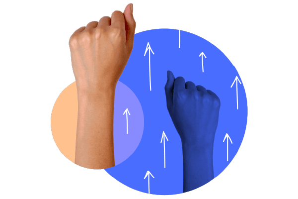 Two fists raised side by side; one in natural tone, the other in blue, with a background of white arrows on purple and overlapping circles.
