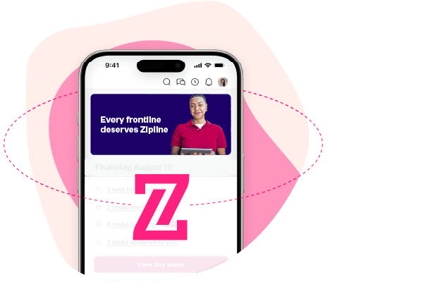 Smartphone screen displaying a message, "Every frontline deserves Zipline," with a person in a red shirt. Large pink "Z" symbol overlaps the image.