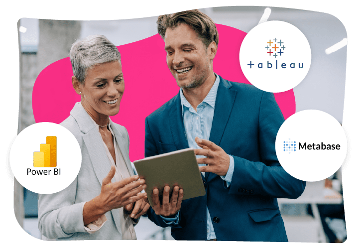 Two people discussing something on a tablet. Logos of Tableau, Power BI, and Metabase are displayed around them.
