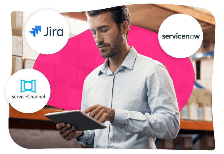 Man using a tablet in a warehouse with logos of Jira, ServiceNow, and ServiceChannel displayed around him.