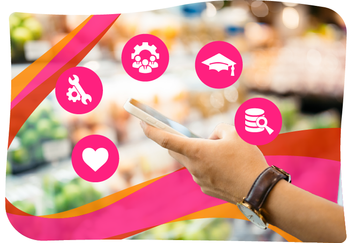 Hand holding a smartphone in a store, with icons of a heart, cogwheels, graduation cap, magnifying glass with coins, and wrench overlaid on the image.