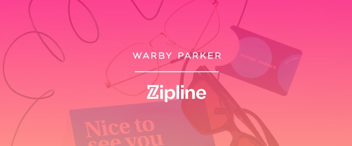 Image with glasses, a blue card with "Nice to see you," and Warby Parker and Zipline logos on a pink background.