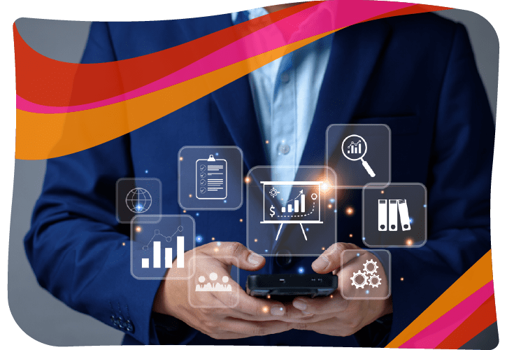 Person in a suit using a smartphone, surrounded by floating digital financial and analytical icons.
