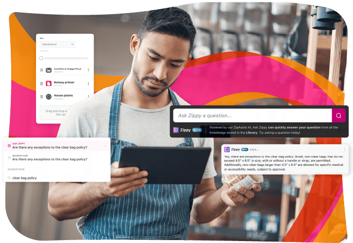 A man in an apron looks at a tablet in a cafe. The overlay displays a chatbot interface with questions and responses about policies.