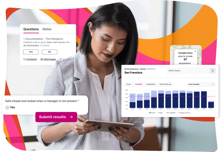 A person is using a tablet, surrounded by digital charts and forms. Bright abstract shapes are in the background.