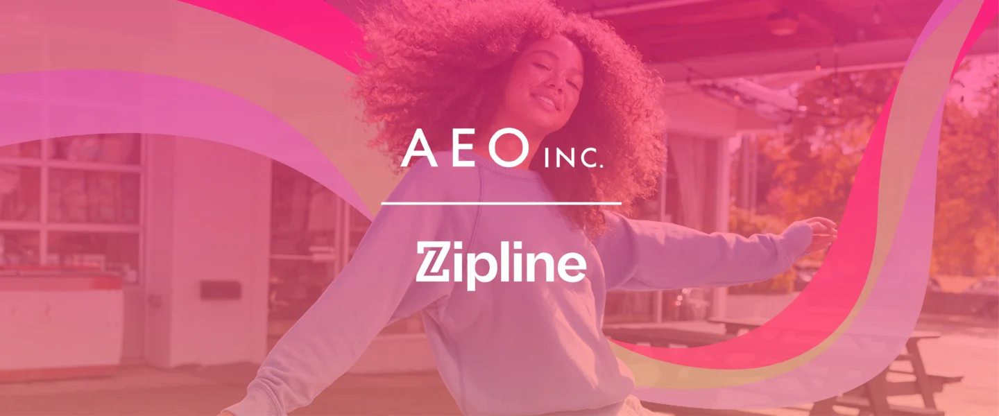 A person with curly hair smiles and stretches their arms outside. Overlaid text reads "AEO Inc." and "Zipline" with colorful swooping lines in the background.