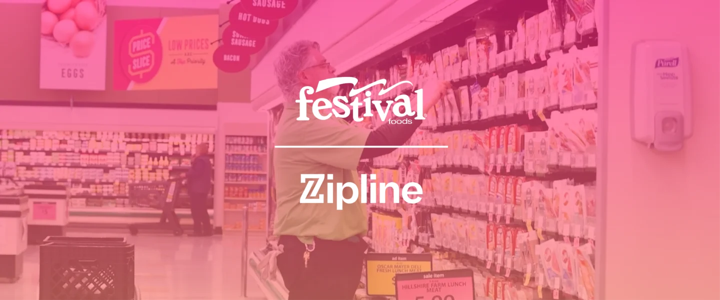 A grocery store employee stocks shelves in an aisle at Festival Foods, with a Zipline logo overlayed on the image.