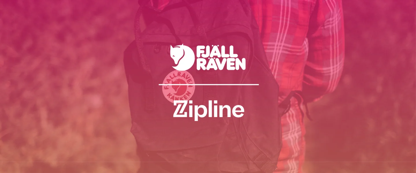 A person wearing a black Fjällräven backpack and a red plaid shirt, with Fjällräven and Zipline logos overlaid on the image.