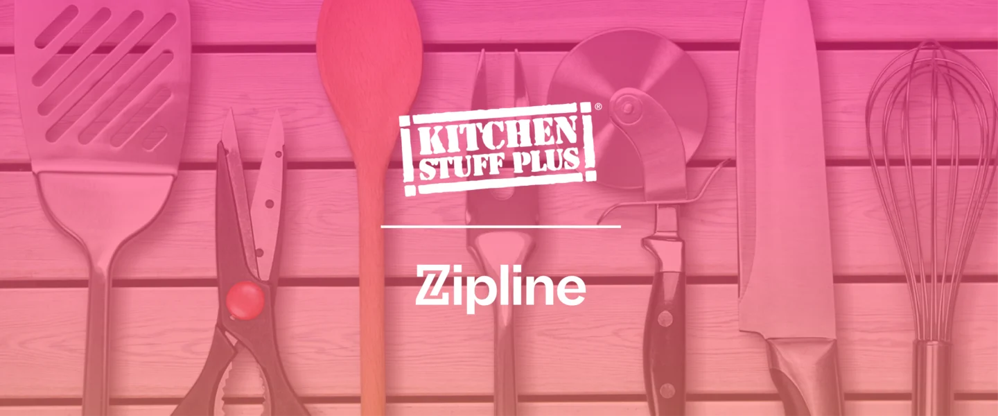 A selection of kitchen utensils, including a spatula, scissors, wooden spoon, pizza cutter, and knife, displayed on a wooden surface with "Kitchen Stuff Plus" and "Zipline" text overlay.