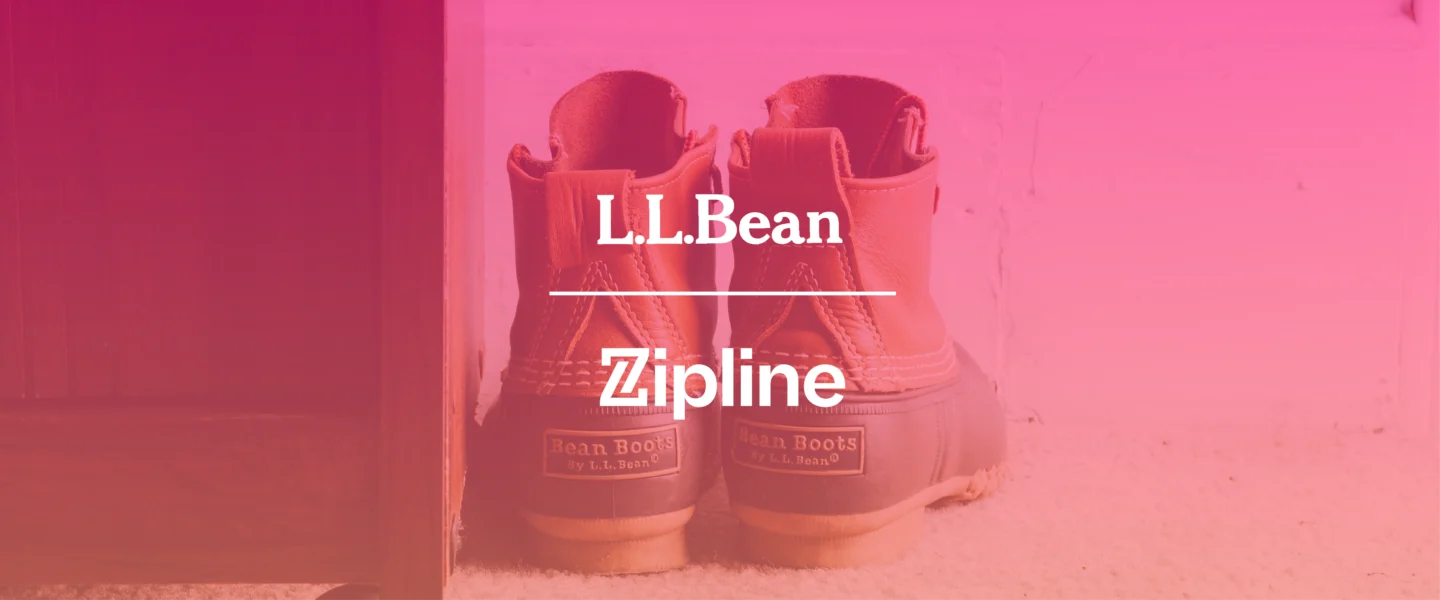 A pair of L.L.Bean boots on the floor beside a wall, with the text "L.L.Bean Zipline" overlaid on a pink gradient background.