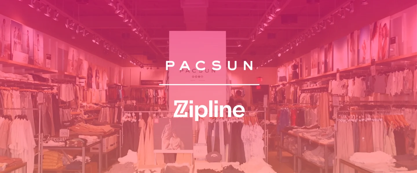 A PacSun retail store interior with clothes displays, overlaid with PacSun and Zipline logos on a pink filter.