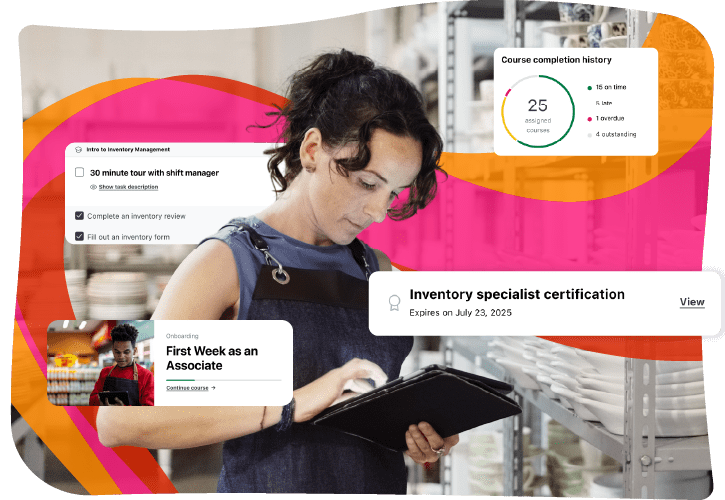 A person reviews a tablet amidst floating interface elements showing inventory management training and certification details.