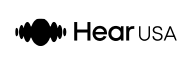 A black logo with waves icon followed by the text "HearUSA" on a white background.