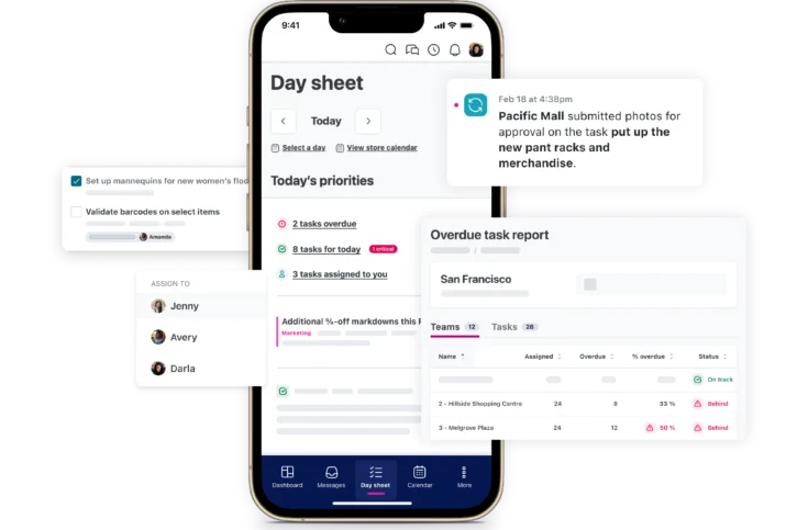 A smartphone displaying a task management app interface with notifications, tasks, and overdue task report pop-ups.