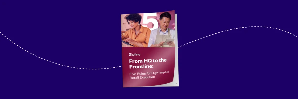 A brochure titled "From HQ to the Frontline: Five Rules for High-Impact Retail Execution" is displayed against a dark blue background with a dotted line.