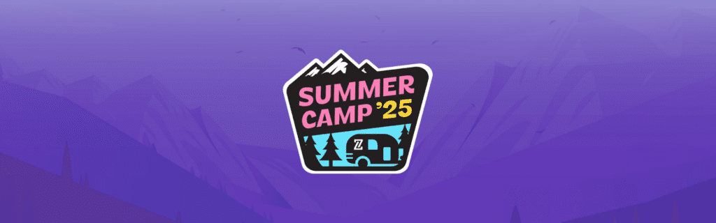 A badge-style logo with mountains, trees, and a camper reads "Summer Camp '25" against a purple background.