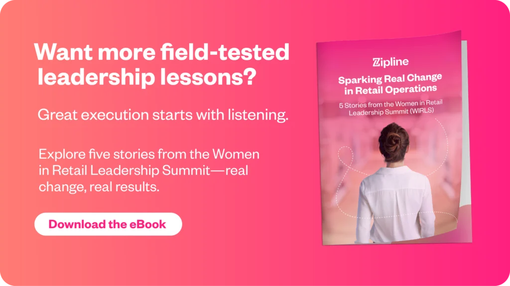 A promotional graphic for an eBook titled "Sparking Real Change in Retail Operations" with a woman facing away and a button to download the eBook.